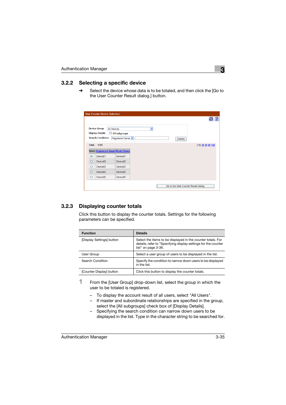 2 selecting a specific device, 3 displaying counter totals, Selecting a specific device -35 | Displaying counter totals -35 | Konica Minolta bizhub C284e User Manual | Page 52 / 189