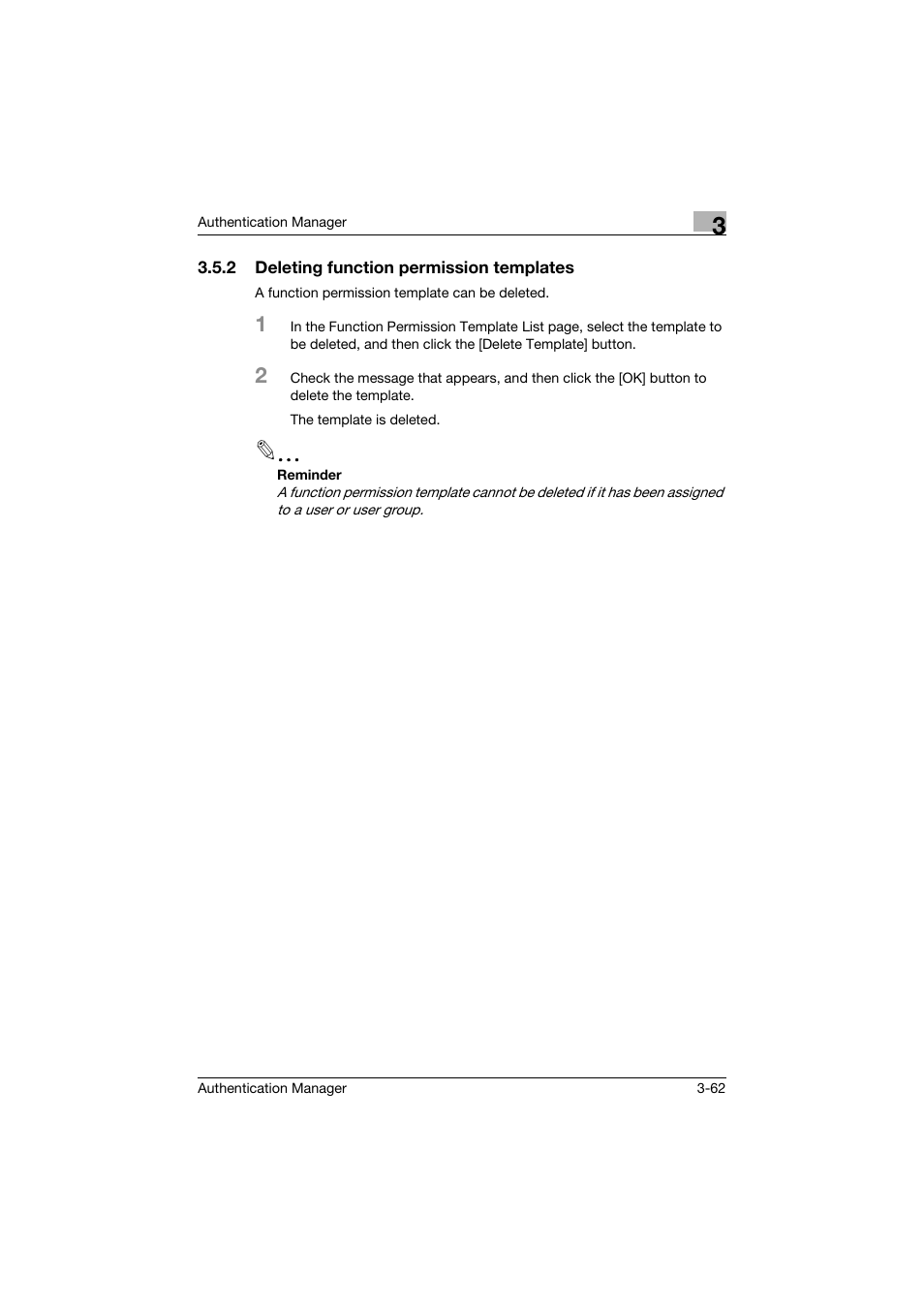 2 deleting function permission templates, Deleting function permission templates -62 | Konica Minolta bizhub C284e User Manual | Page 79 / 189