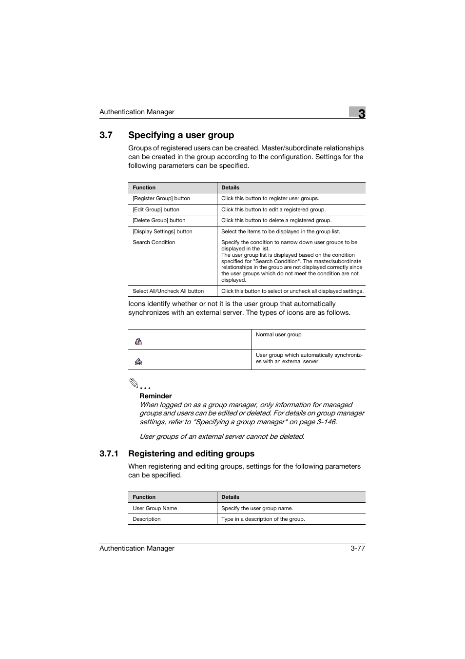 7 specifying a user group, 1 registering and editing groups, Specifying a user group -77 | Registering and editing groups -77 | Konica Minolta bizhub C284e User Manual | Page 94 / 189