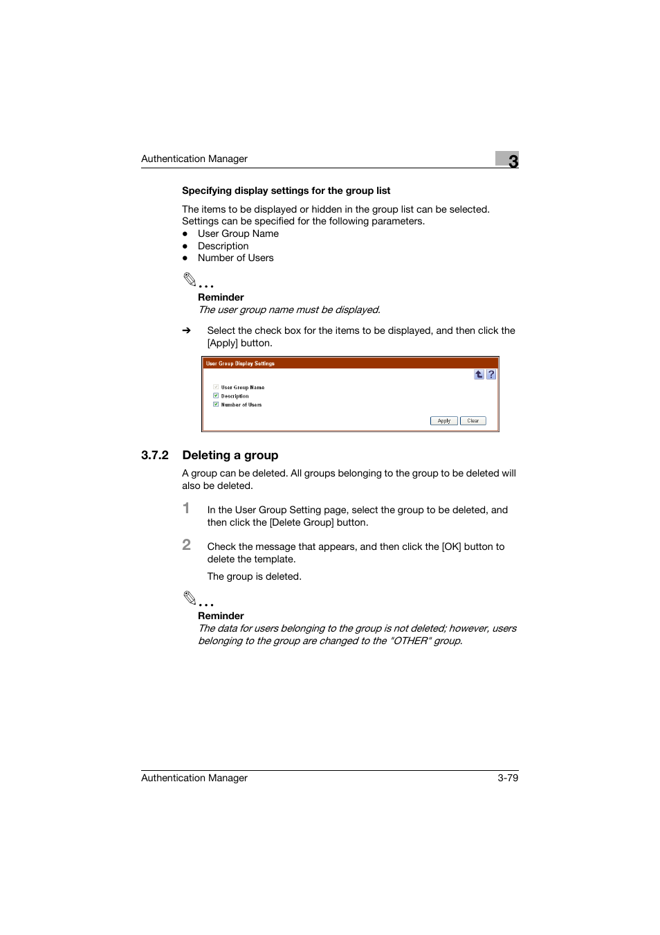 Specifying display settings for the group list, 2 deleting a group, Specifying display settings for the group list -79 | Deleting a group -79 | Konica Minolta bizhub C284e User Manual | Page 96 / 189