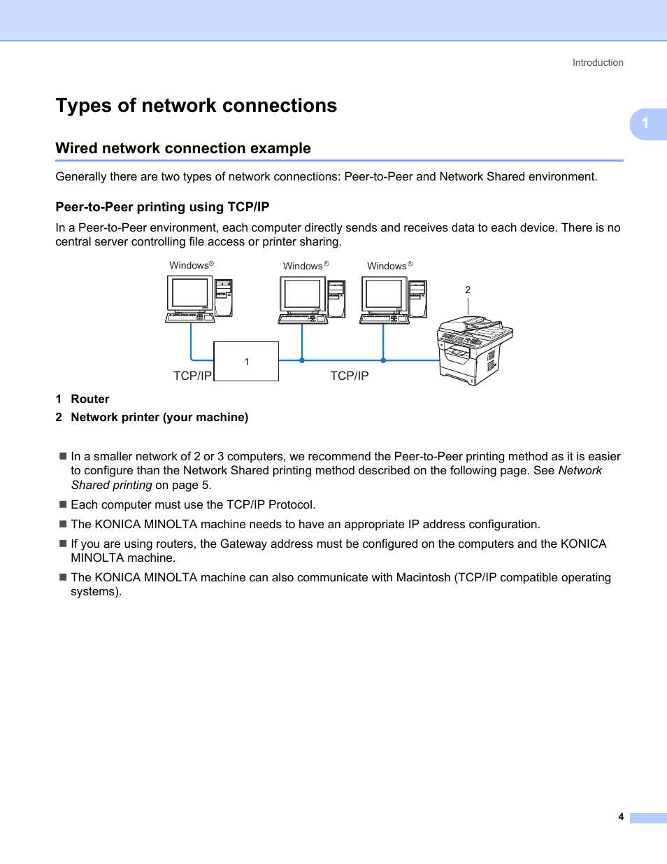 Types of network connections, Wired network connection example, Peer-to-peer printing using tcp/ip | Konica Minolta bizhub 20 User Manual | Page 11 / 145