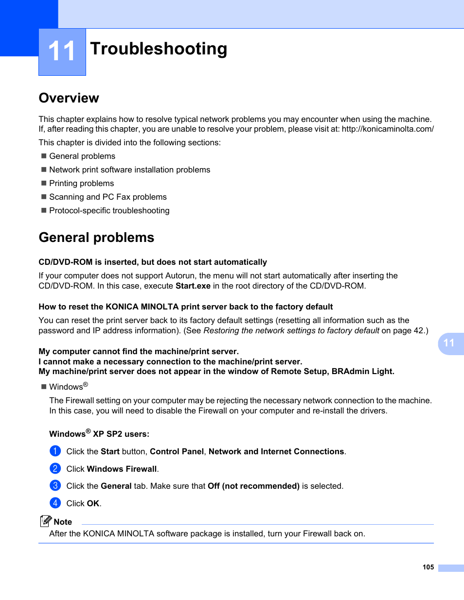 11 troubleshooting, Overview, General problems | Troubleshooting, Overview general problems | Konica Minolta bizhub 20 User Manual | Page 112 / 145