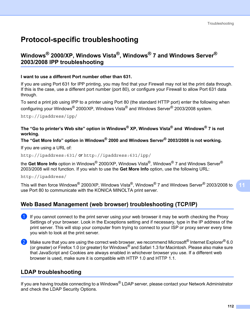 Protocol-specific troubleshooting, Ldap troubleshooting, Windows | 2000/xp, windows vista, 7 and windows server, 2003/2008 ipp, Troubleshooting | Konica Minolta bizhub 20 User Manual | Page 119 / 145