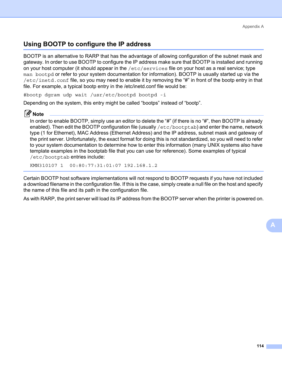 Using bootp to configure the ip address, Ausing bootp to configure the ip address | Konica Minolta bizhub 20 User Manual | Page 121 / 145