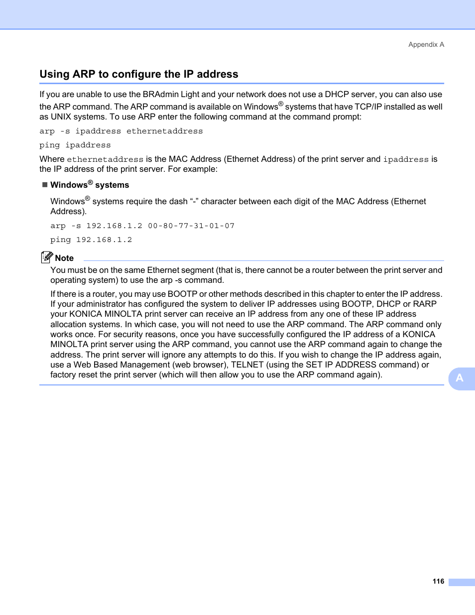Using arp to configure the ip address, Ausing arp to configure the ip address | Konica Minolta bizhub 20 User Manual | Page 123 / 145