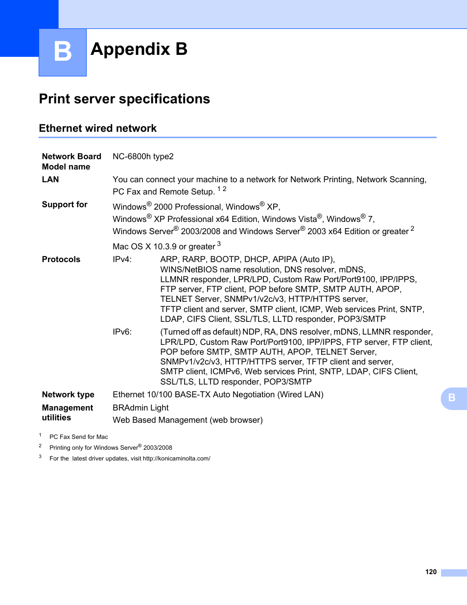 B appendix b, Print server specifications, Ethernet wired network | Appendix b | Konica Minolta bizhub 20 User Manual | Page 127 / 145