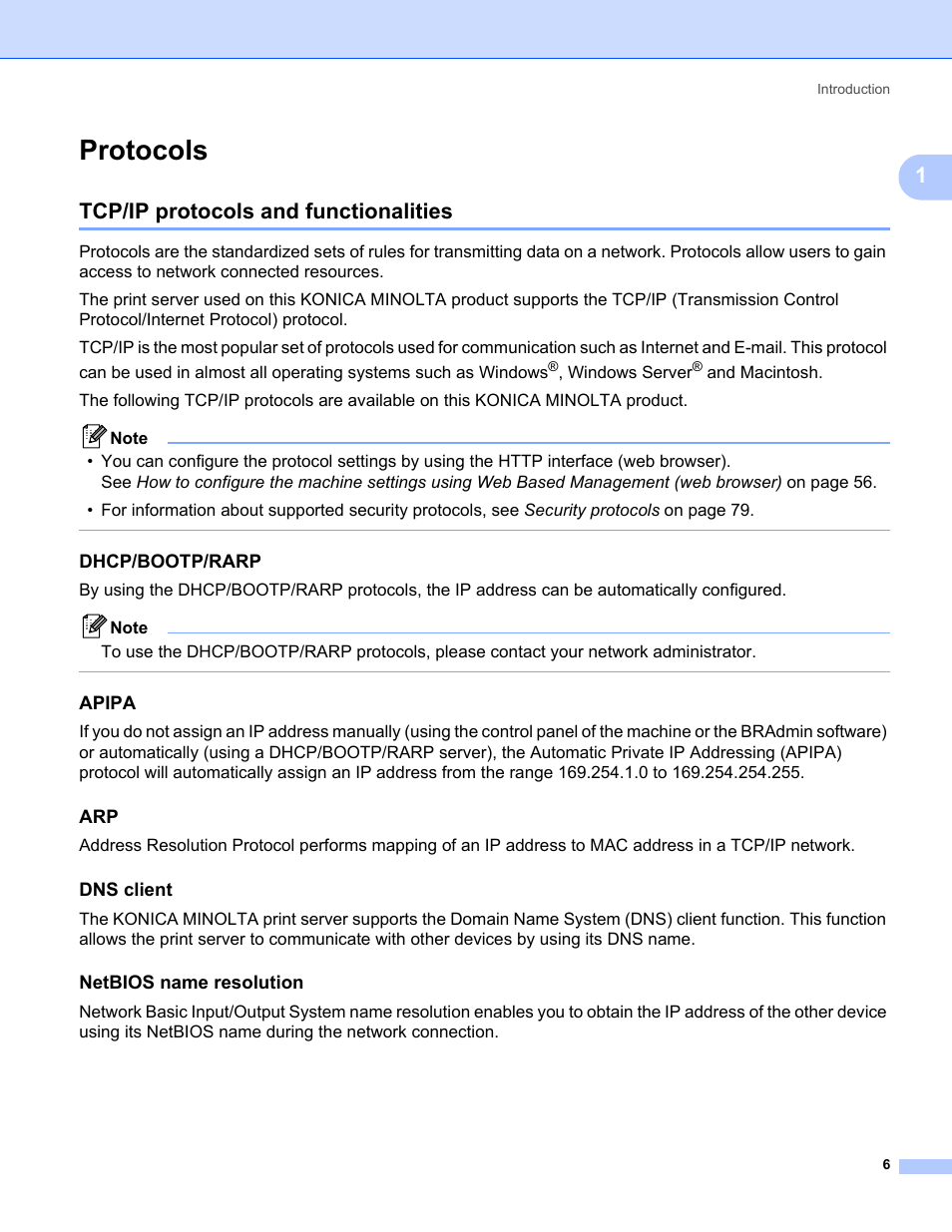 Protocols, Tcp/ip protocols and functionalities, Dhcp/bootp/rarp | Apipa, Dns client, Netbios name resolution | Konica Minolta bizhub 20 User Manual | Page 13 / 145