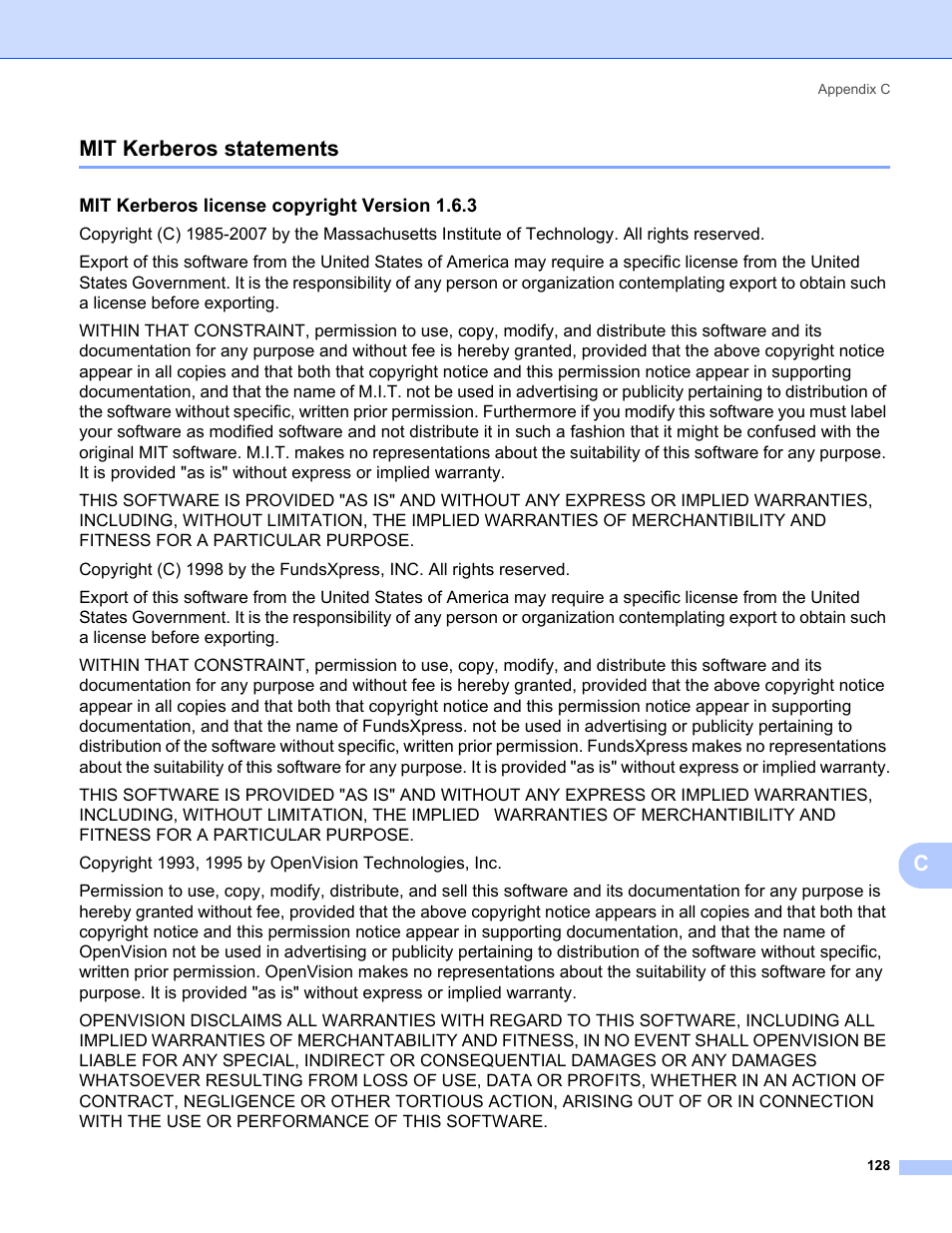 Mit kerberos statements, Cmit kerberos statements, Mit kerberos license copyright version 1.6.3 | Konica Minolta bizhub 20 User Manual | Page 135 / 145