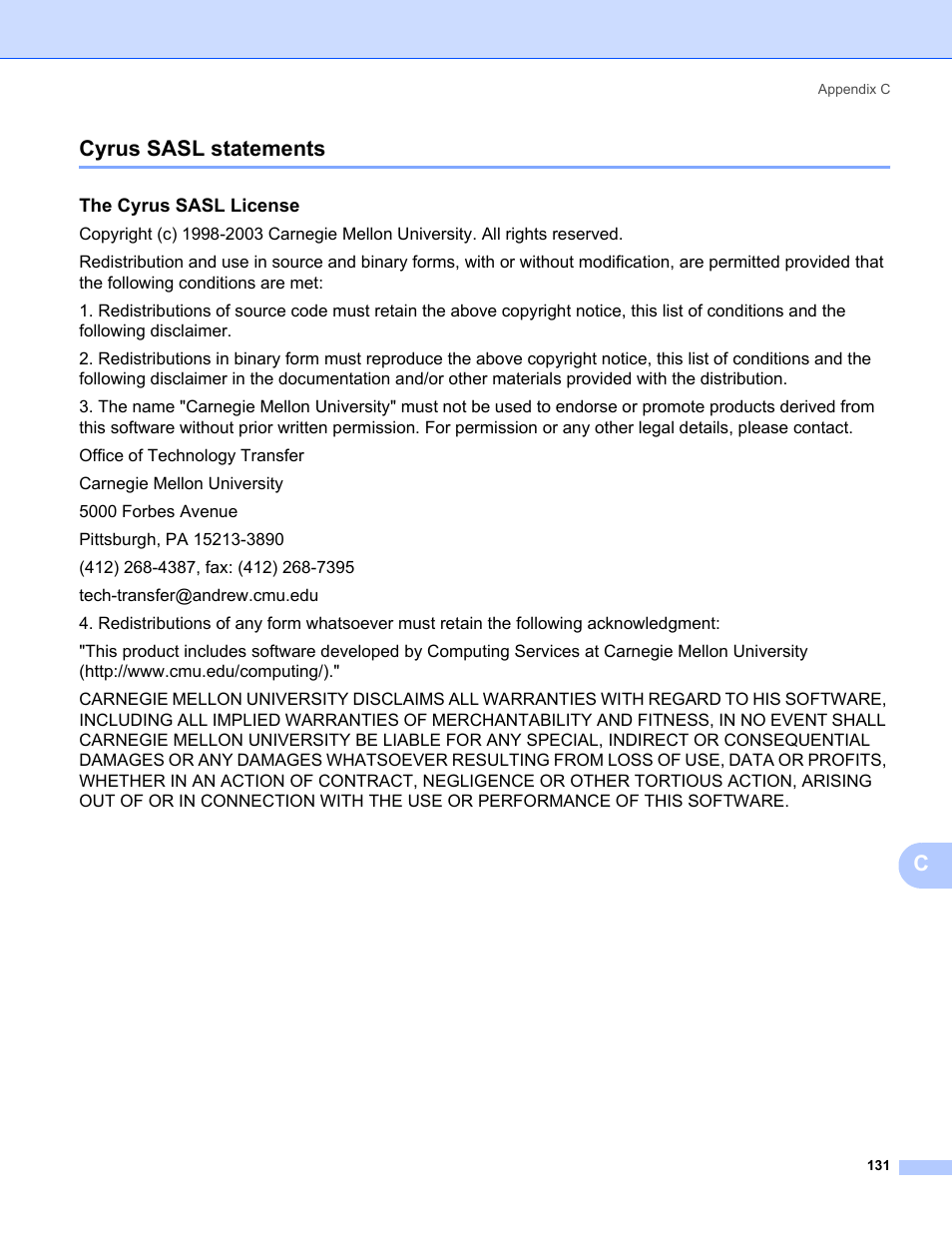 Cyrus sasl statements, Ccyrus sasl statements, The cyrus sasl license | Konica Minolta bizhub 20 User Manual | Page 138 / 145