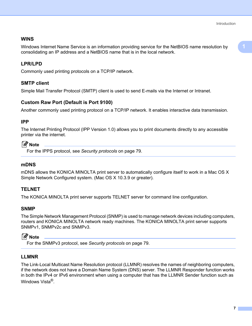 Wins, Lpr/lpd, Smtp client | Custom raw port (default is port 9100), Mdns, Telnet, Snmp, Llmnr | Konica Minolta bizhub 20 User Manual | Page 14 / 145