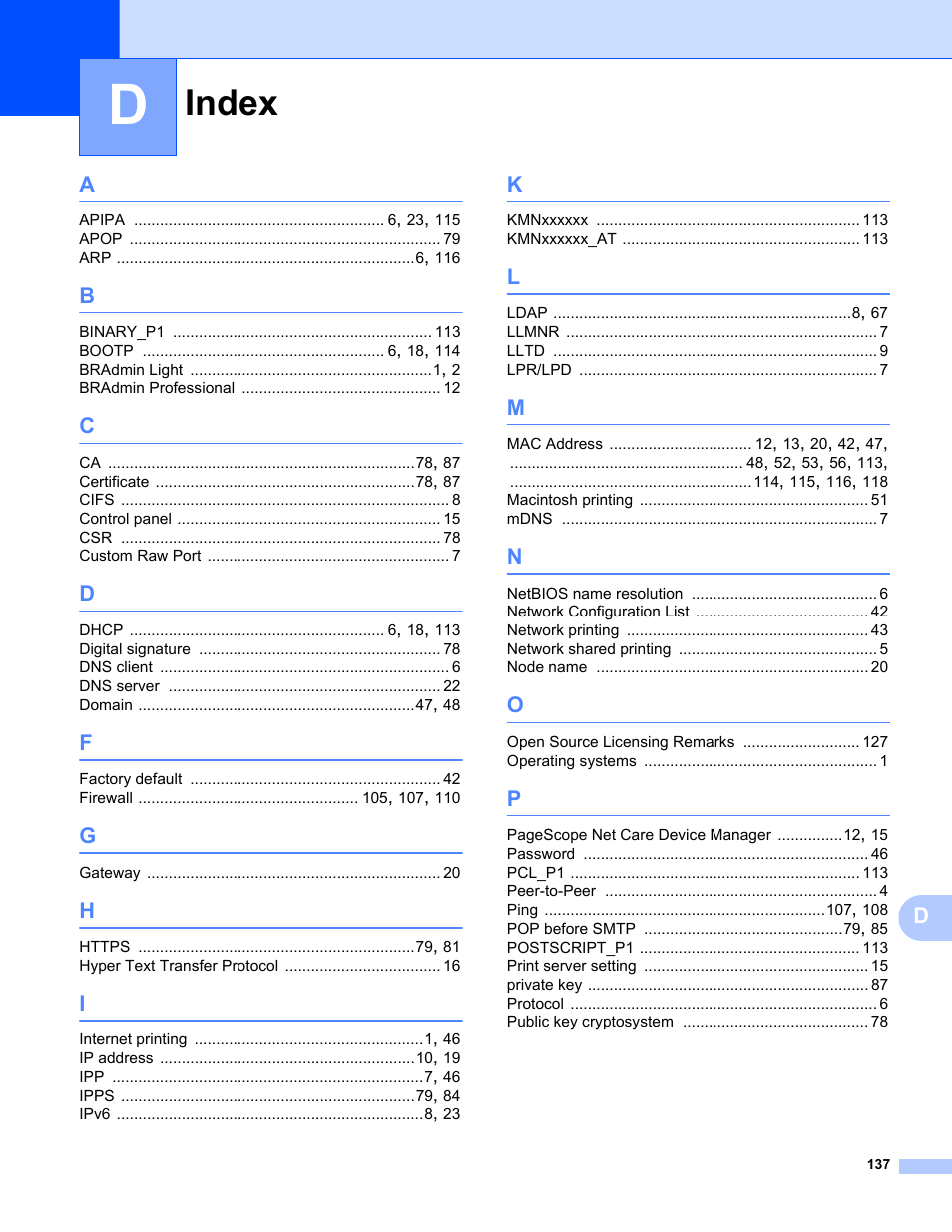 D index, Index | Konica Minolta bizhub 20 User Manual | Page 144 / 145
