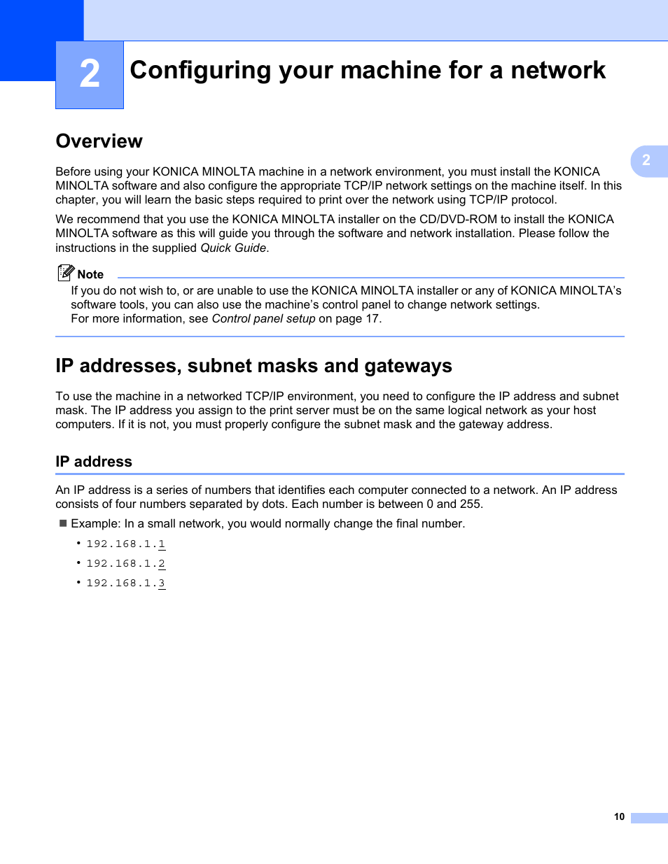 2 configuring your machine for a network, Overview, Ip addresses, subnet masks and gateways | Ip address, Configuring your machine for a network, Overview ip addresses, subnet masks and gateways | Konica Minolta bizhub 20 User Manual | Page 17 / 145