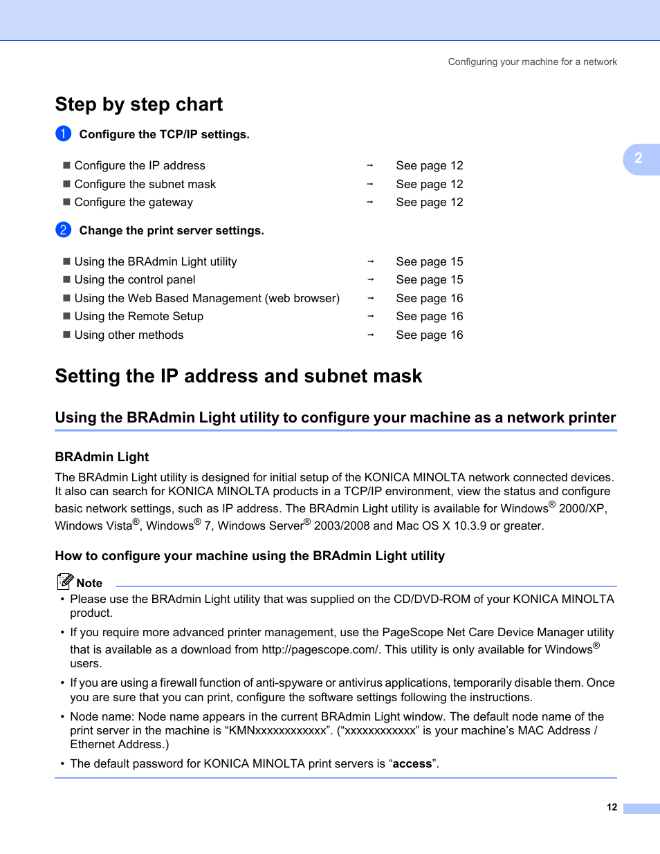 Step by step chart, Setting the ip address and subnet mask | Konica Minolta bizhub 20 User Manual | Page 19 / 145
