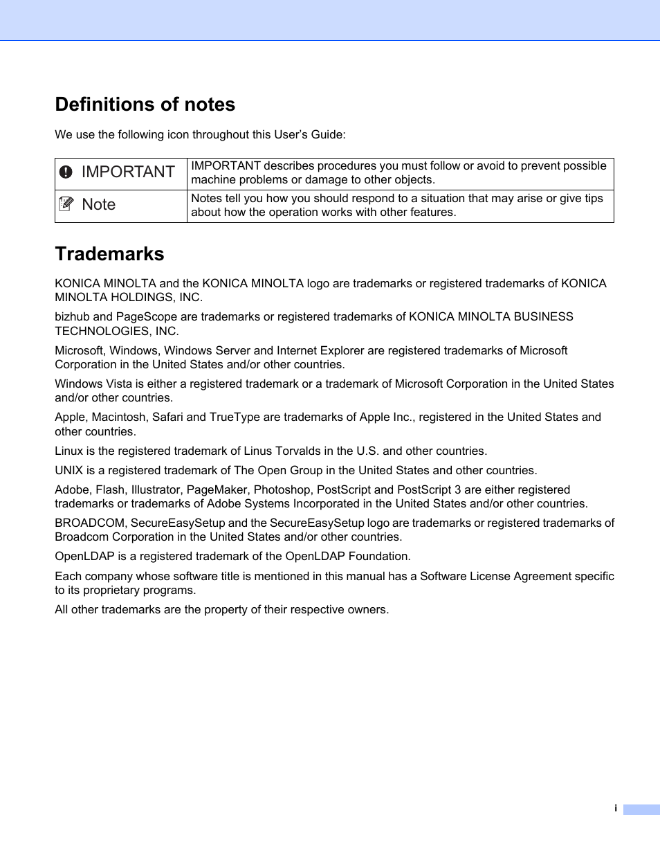 Definitions of notes, Trademarks | Konica Minolta bizhub 20 User Manual | Page 2 / 145
