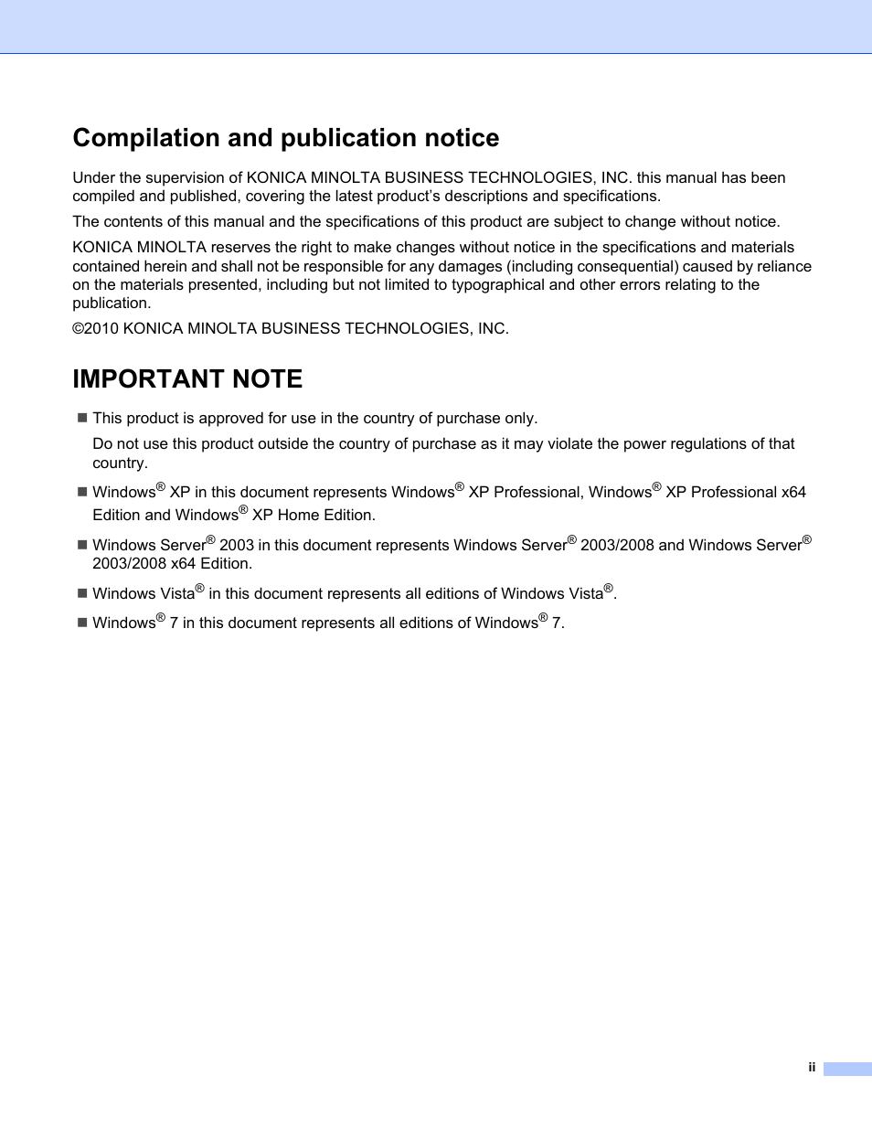 Compilation and publication notice, Important note | Konica Minolta bizhub 20 User Manual | Page 3 / 145