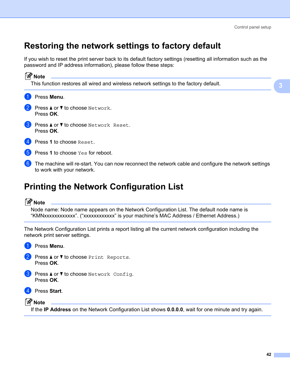 Restoring the network settings to factory default, Printing the network configuration list | Konica Minolta bizhub 20 User Manual | Page 49 / 145