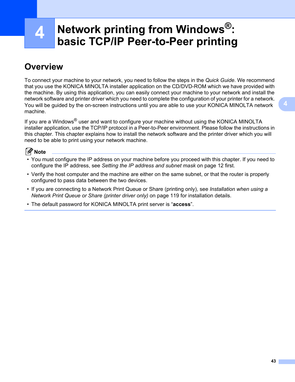 Overview, Network printing from windows, Basic tcp/ip peer-to-peer printing | Konica Minolta bizhub 20 User Manual | Page 50 / 145