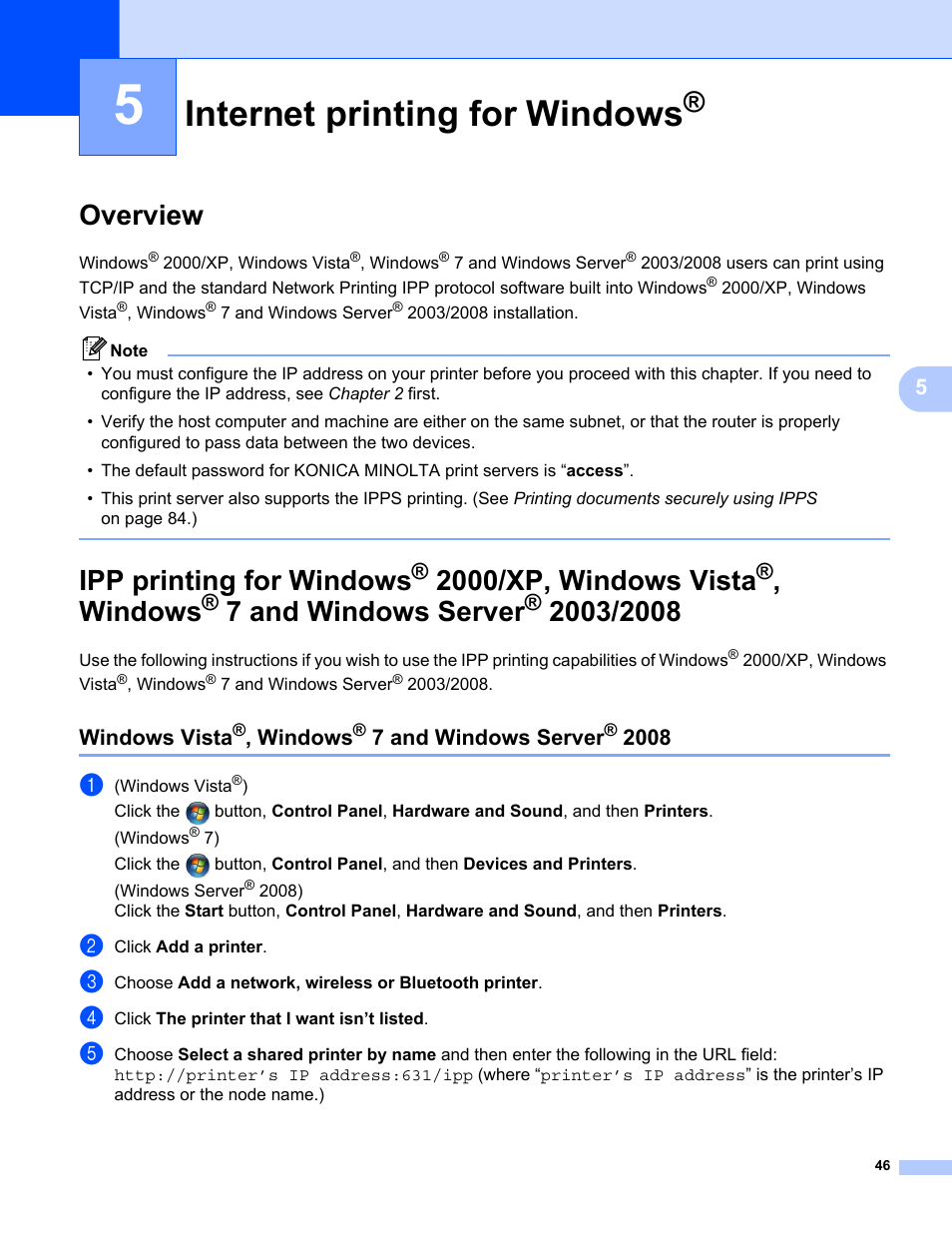 5 internet printing for windows, Overview, Internet printing for windows | Overview ipp printing for windows, 2000/xp, windows vista, Windows, 7 and, Windows server, Windows vista, 7 and windows server | Konica Minolta bizhub 20 User Manual | Page 53 / 145