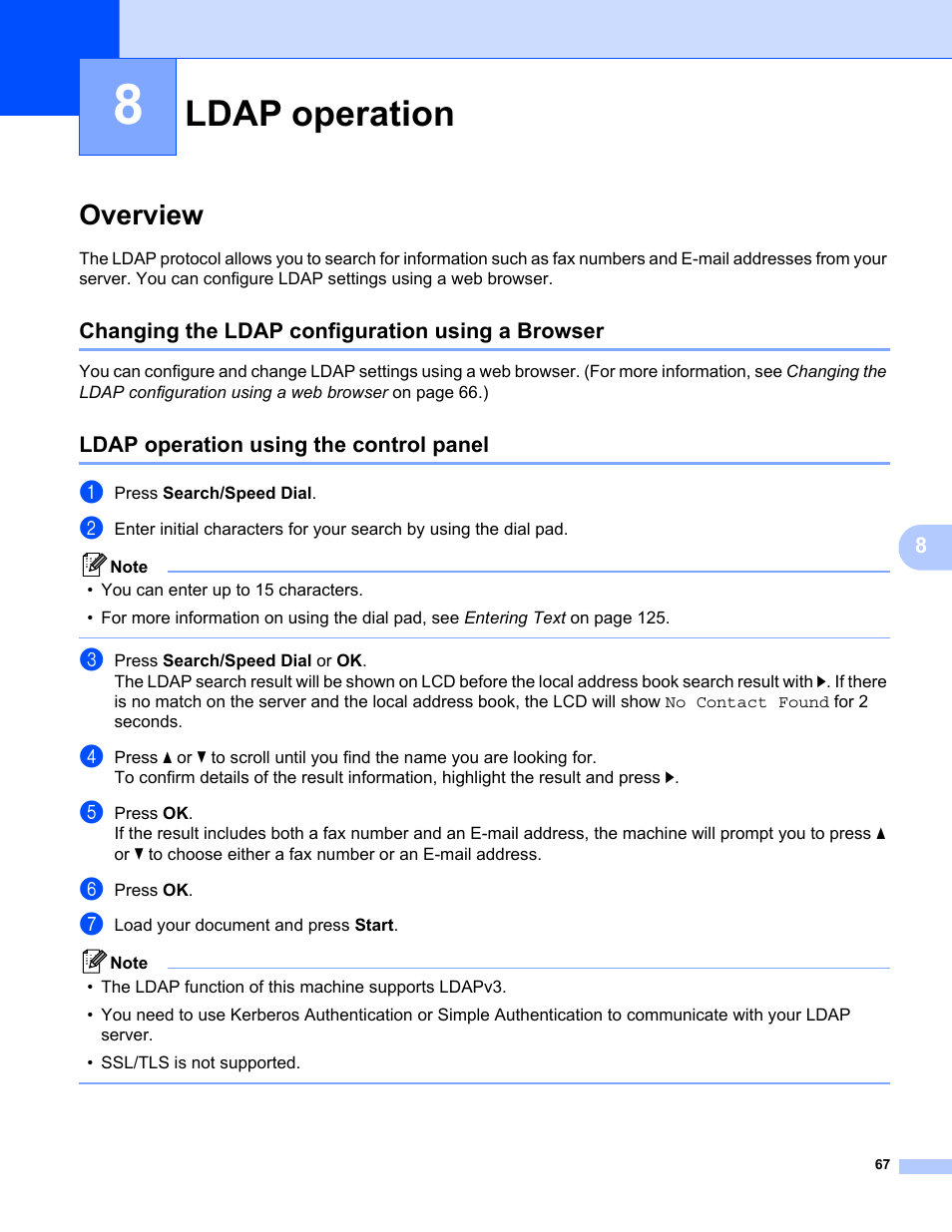 8 ldap operation, Overview, Changing the ldap configuration using a browser | Ldap operation using the control panel, Ldap operation | Konica Minolta bizhub 20 User Manual | Page 74 / 145