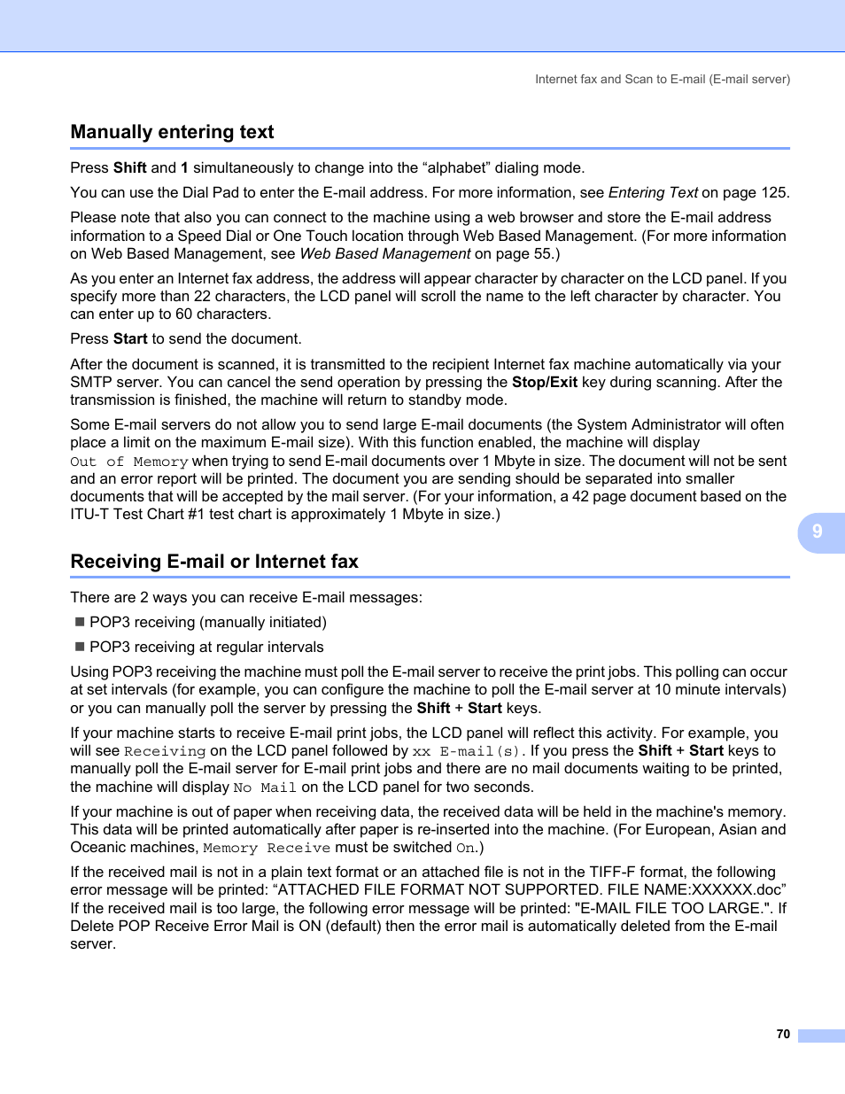 Manually entering text, Receiving e-mail or internet fax, 9manually entering text | Konica Minolta bizhub 20 User Manual | Page 77 / 145