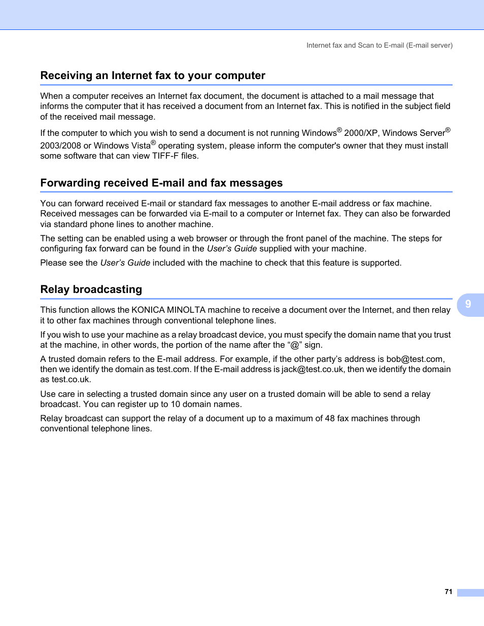 Receiving an internet fax to your computer, Forwarding received e-mail and fax messages, Relay broadcasting | 9receiving an internet fax to your computer | Konica Minolta bizhub 20 User Manual | Page 78 / 145