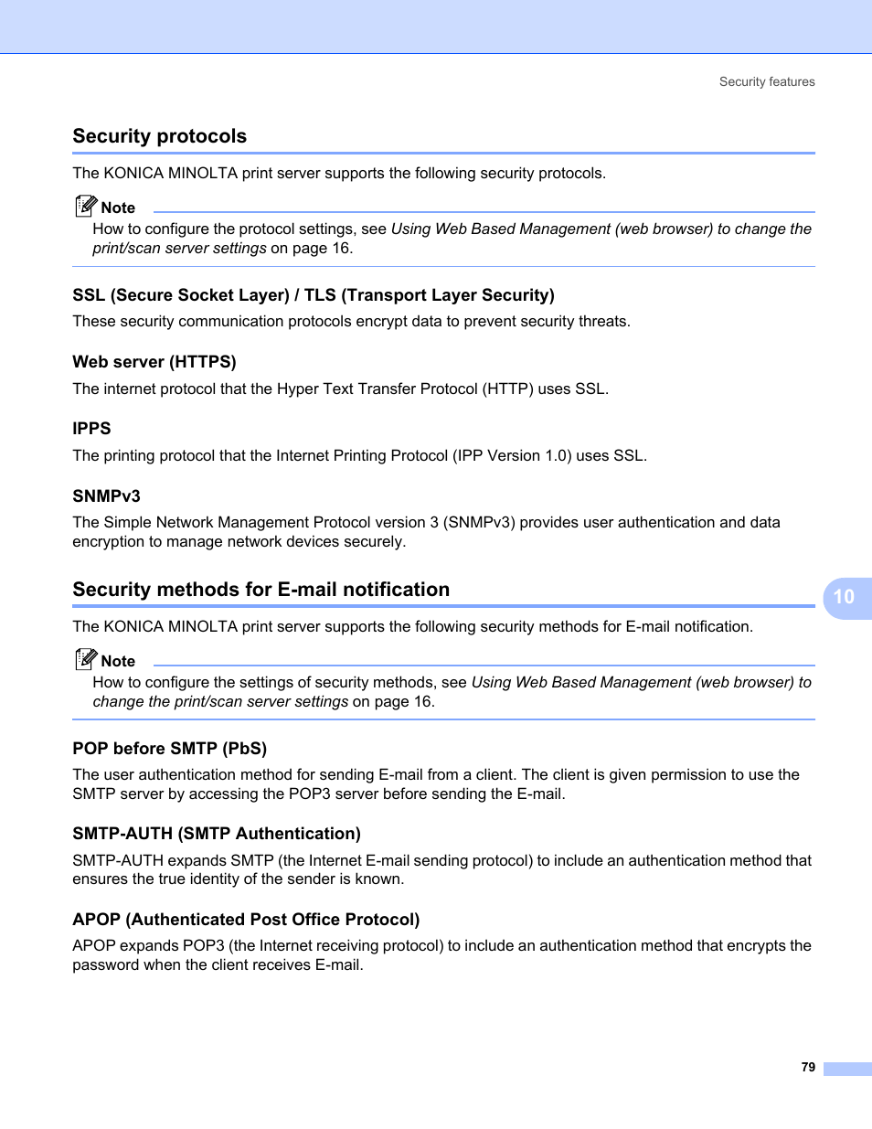 Security protocols, Security methods for e-mail notification, 10 security protocols | Ipps, Snmpv3, Pop before smtp (pbs), Smtp-auth (smtp authentication), Apop (authenticated post office protocol) | Konica Minolta bizhub 20 User Manual | Page 86 / 145