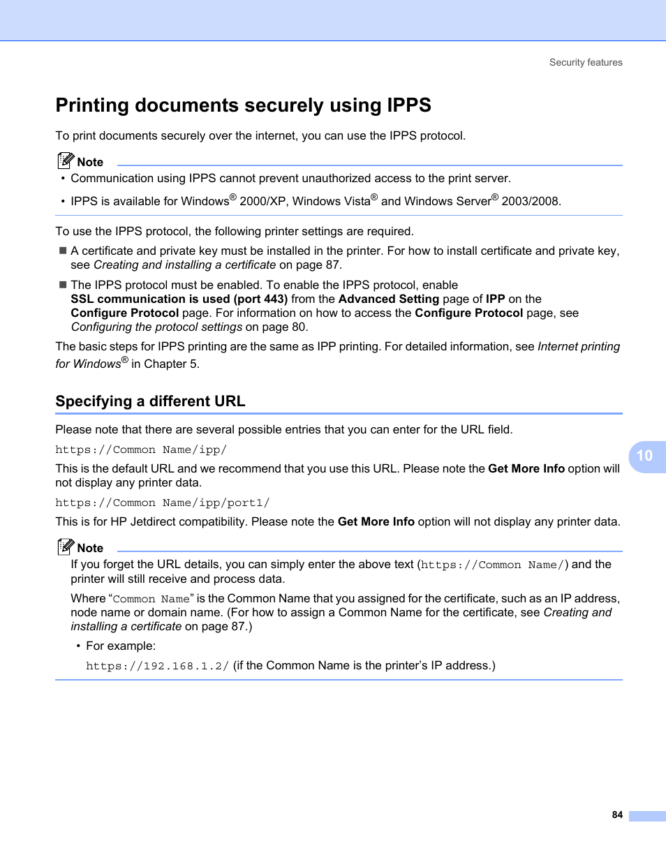 Printing documents securely using ipps, Specifying a different url | Konica Minolta bizhub 20 User Manual | Page 91 / 145
