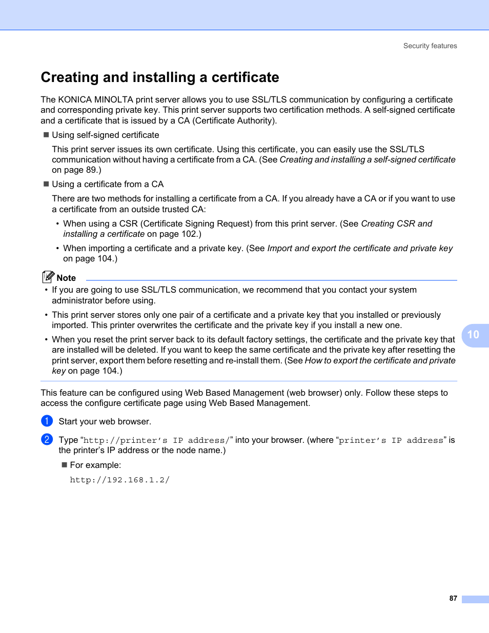 Creating and installing a certificate | Konica Minolta bizhub 20 User Manual | Page 94 / 145