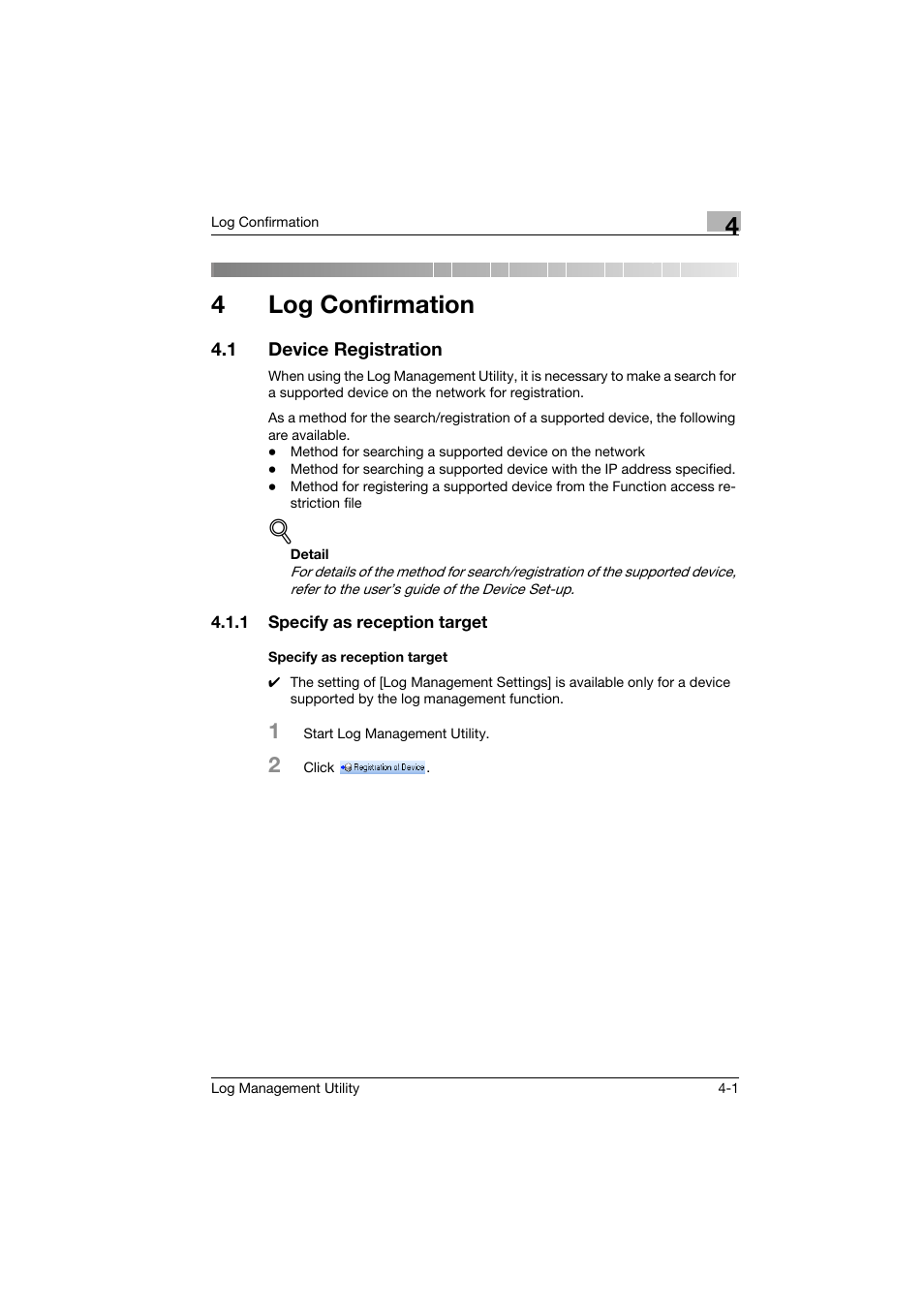 4 log confirmation, 1 device registration, 1 specify as reception target | Specify as reception target, Log confirmation, Device registration -1, 4log confirmation | Konica Minolta magicolor 8650 User Manual | Page 17 / 56