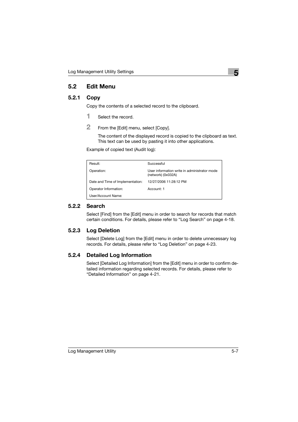 2 edit menu, 1 copy, 2 search | 3 log deletion, 4 detailed log information, Edit menu -7, Copy -7, Search -7, Log deletion -7, Detailed log information -7 | Konica Minolta magicolor 8650 User Manual | Page 46 / 56