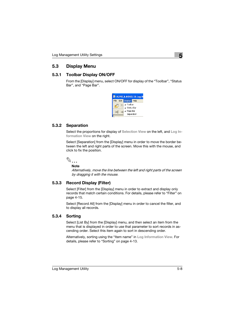 3 display menu, 1 toolbar display on/off, 2 separation | 3 record display (filter), 4 sorting, Display menu -8, Toolbar display on/off -8, Separation -8, Record display (filter) -8, Sorting -8 | Konica Minolta magicolor 8650 User Manual | Page 47 / 56