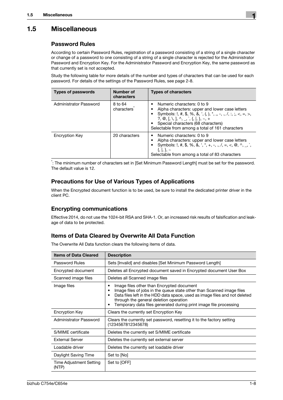 5 miscellaneous, Password rules, Encrypting communications | Konica Minolta bizhub C654e User Manual | Page 11 / 58
