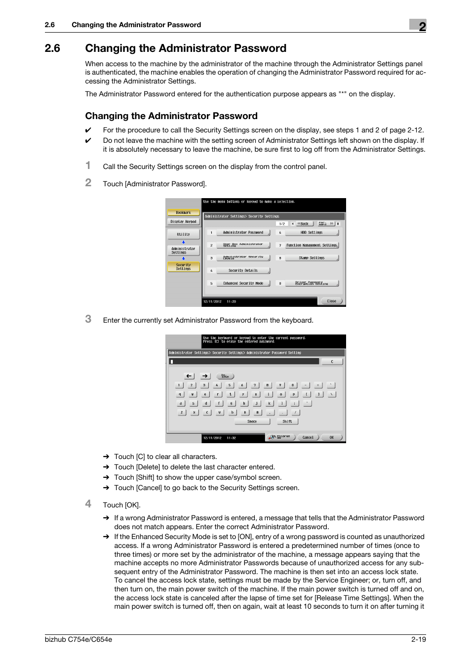 6 changing the administrator password, Changing the administrator password | Konica Minolta bizhub C654e User Manual | Page 31 / 58