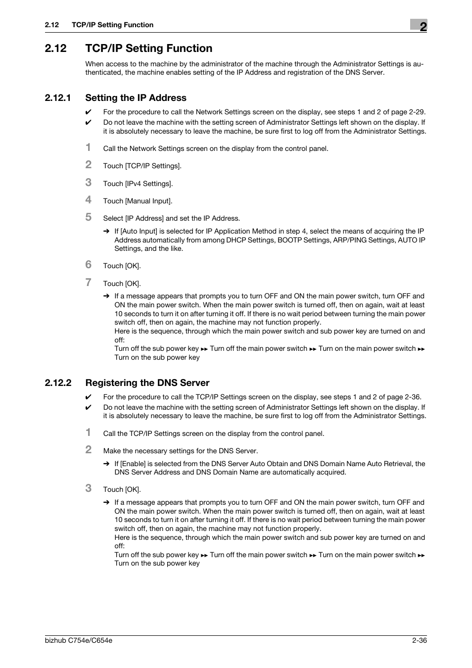 12 tcp/ip setting function, 1 setting the ip address, 2 registering the dns server | Tcp/ip setting function -36, Setting the ip address -36, Registering the dns server -36 | Konica Minolta bizhub C654e User Manual | Page 48 / 58
