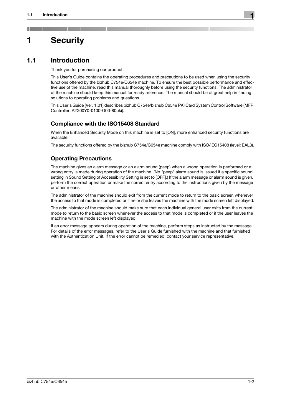 1 security, 1 introduction, Compliance with the iso15408 standard | Operating precautions, Security, 1security | Konica Minolta bizhub C654e User Manual | Page 5 / 58