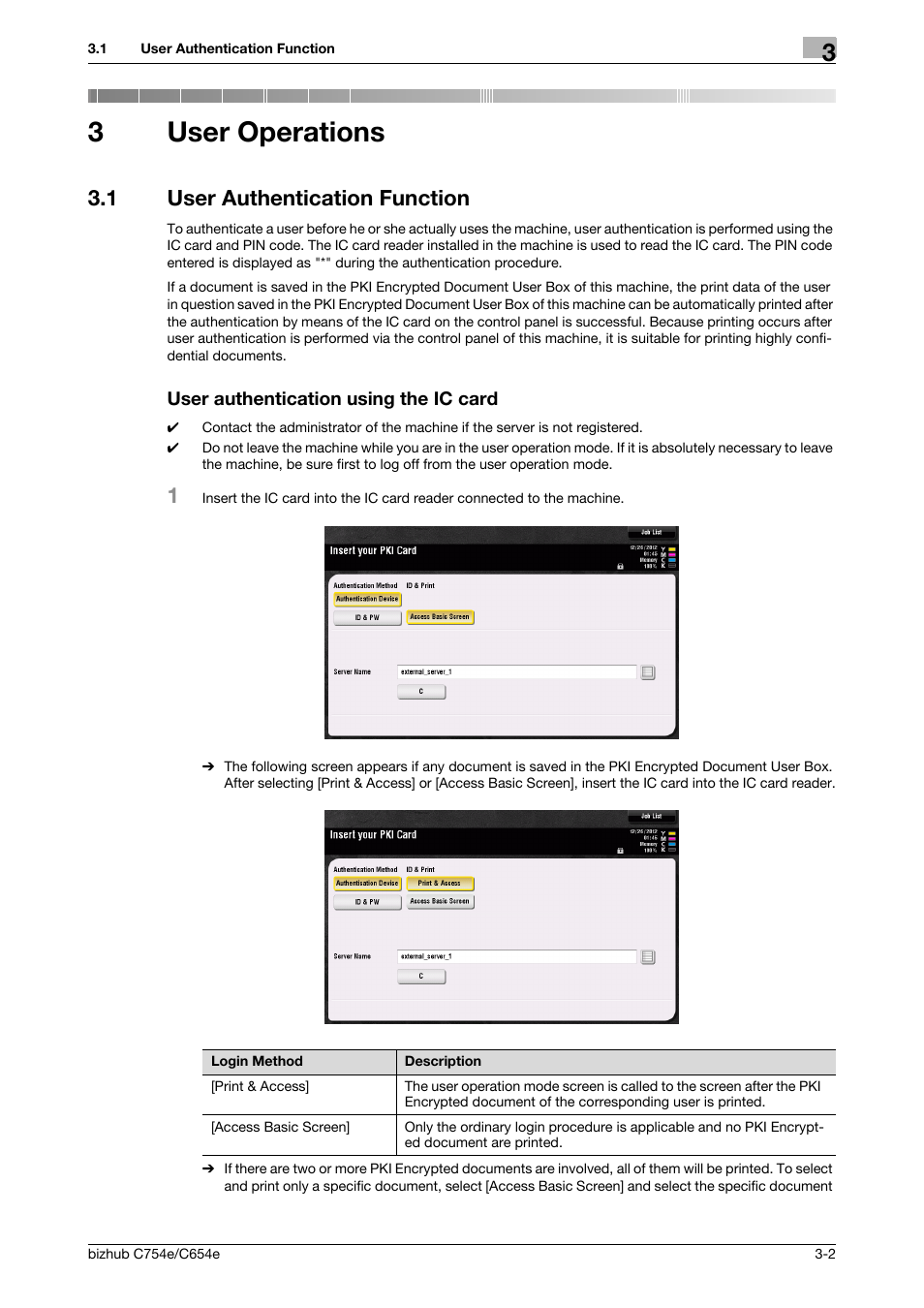 3 user operations, 1 user authentication function, User authentication using the ic card | User operations, 3user operations | Konica Minolta bizhub C654e User Manual | Page 53 / 58