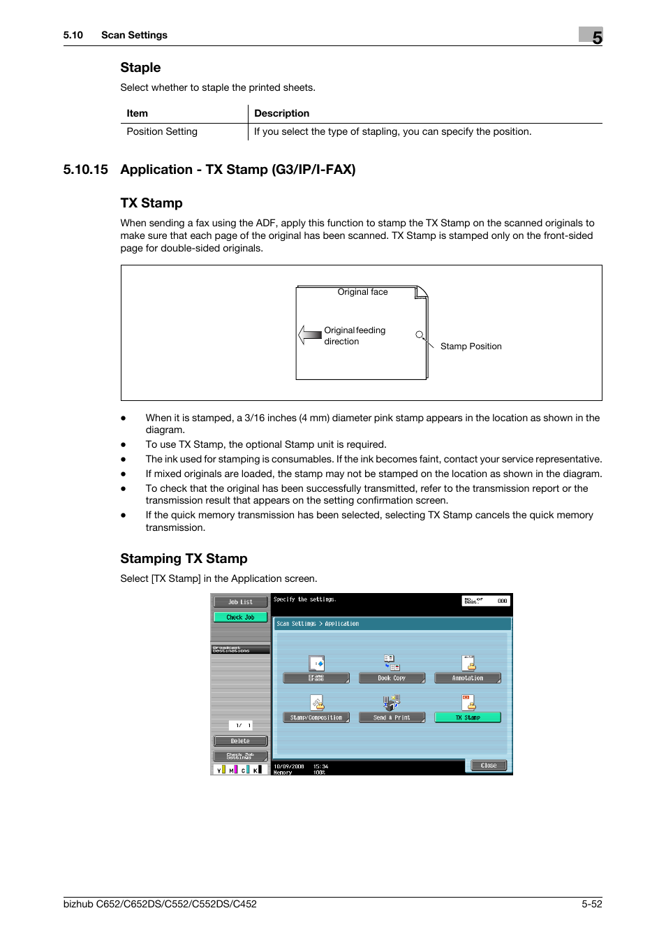 Staple, 15 application - tx stamp (g3/ip/i-fax), Tx stamp | Stamping tx stamp, Staple -52, P. 5-52), 15 application - tx stamp (g3/ip/i-fax) tx stamp | Konica Minolta BIZHUB C652DS User Manual | Page 102 / 294