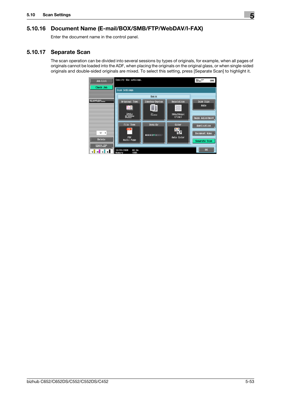 16 document name (e-mail/box/smb/ftp/webdav/i-fax), 17 separate scan, Separate scan -53 | P. 5-53) | Konica Minolta BIZHUB C652DS User Manual | Page 103 / 294