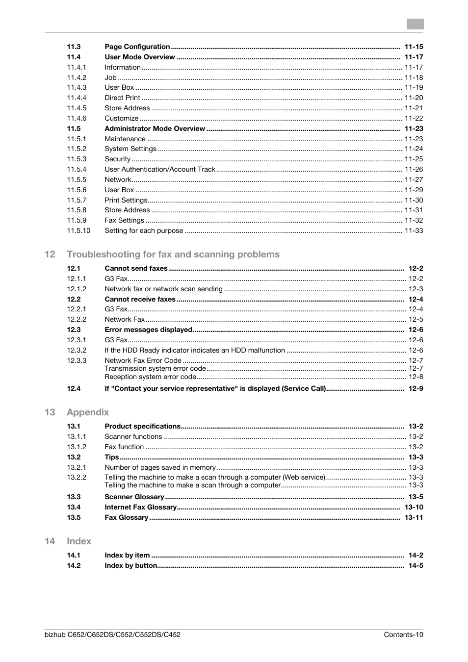 12 troubleshooting for fax and scanning problems, 13 appendix, 14 index | Konica Minolta BIZHUB C652DS User Manual | Page 11 / 294
