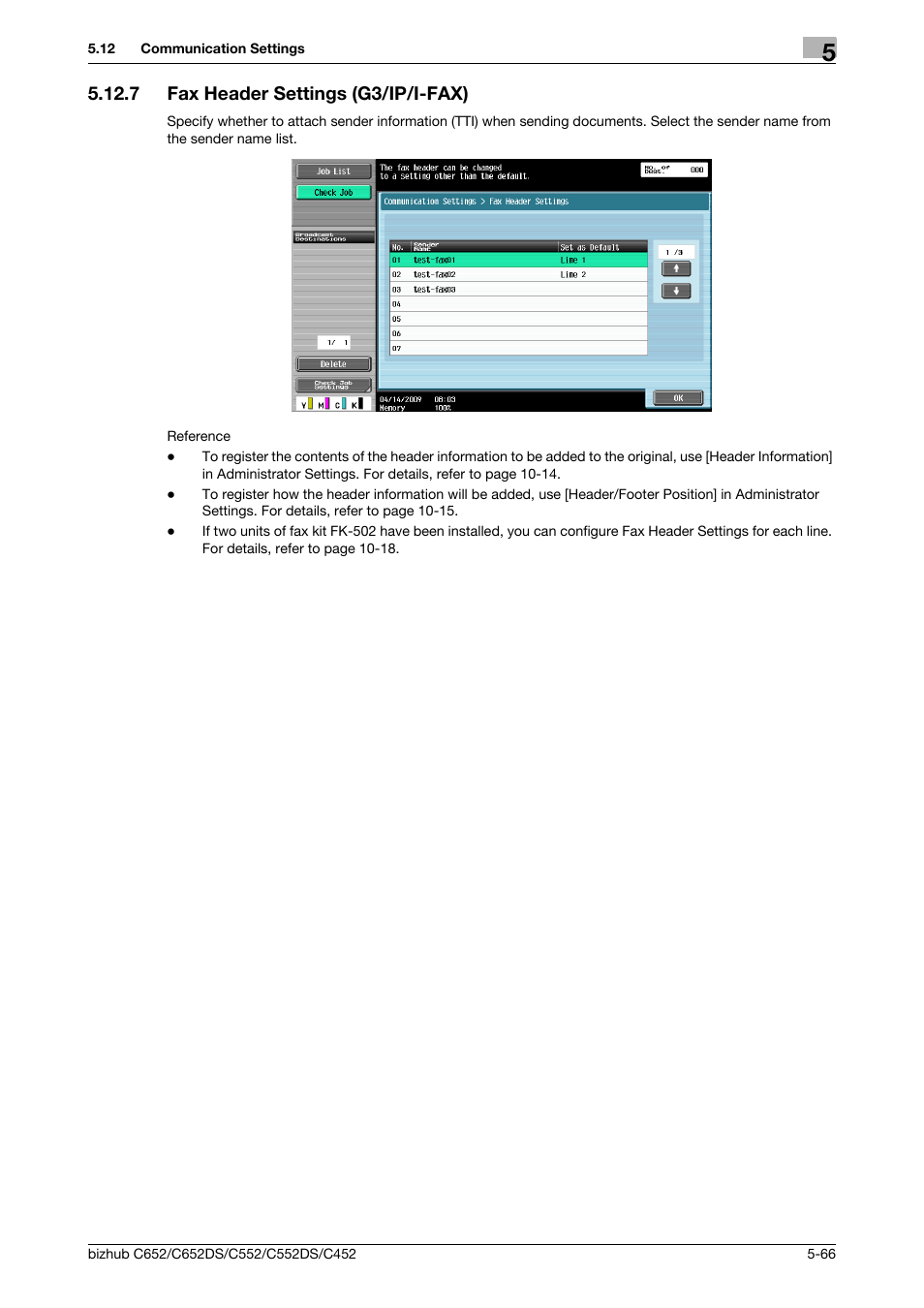 7 fax header settings (g3/ip/i-fax), Fax header settings (g3/ip/i-fax) -66, P. 5-66) | Konica Minolta BIZHUB C652DS User Manual | Page 116 / 294