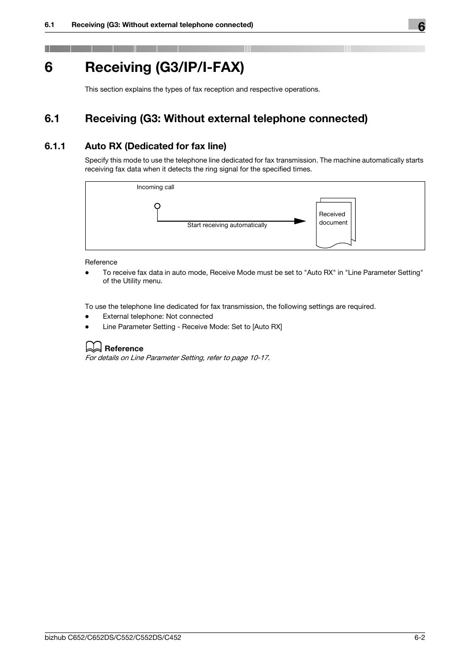 6 receiving (g3/ip/i-fax), 1 auto rx (dedicated for fax line), Receiving (g3/ip/i-fax) | Auto rx (dedicated for fax line) -2, 6receiving (g3/ip/i-fax) | Konica Minolta BIZHUB C652DS User Manual | Page 120 / 294