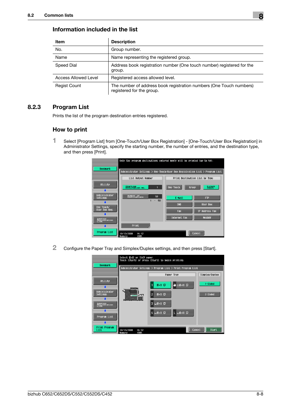 Information included in the list, 3 program list, How to print | Information included in the list -8, Program list -8 how to print -8 | Konica Minolta BIZHUB C652DS User Manual | Page 147 / 294