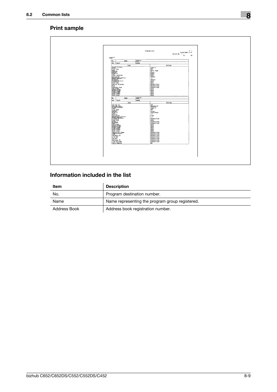 Print sample, Information included in the list, Print sample information included in the list | Konica Minolta BIZHUB C652DS User Manual | Page 148 / 294