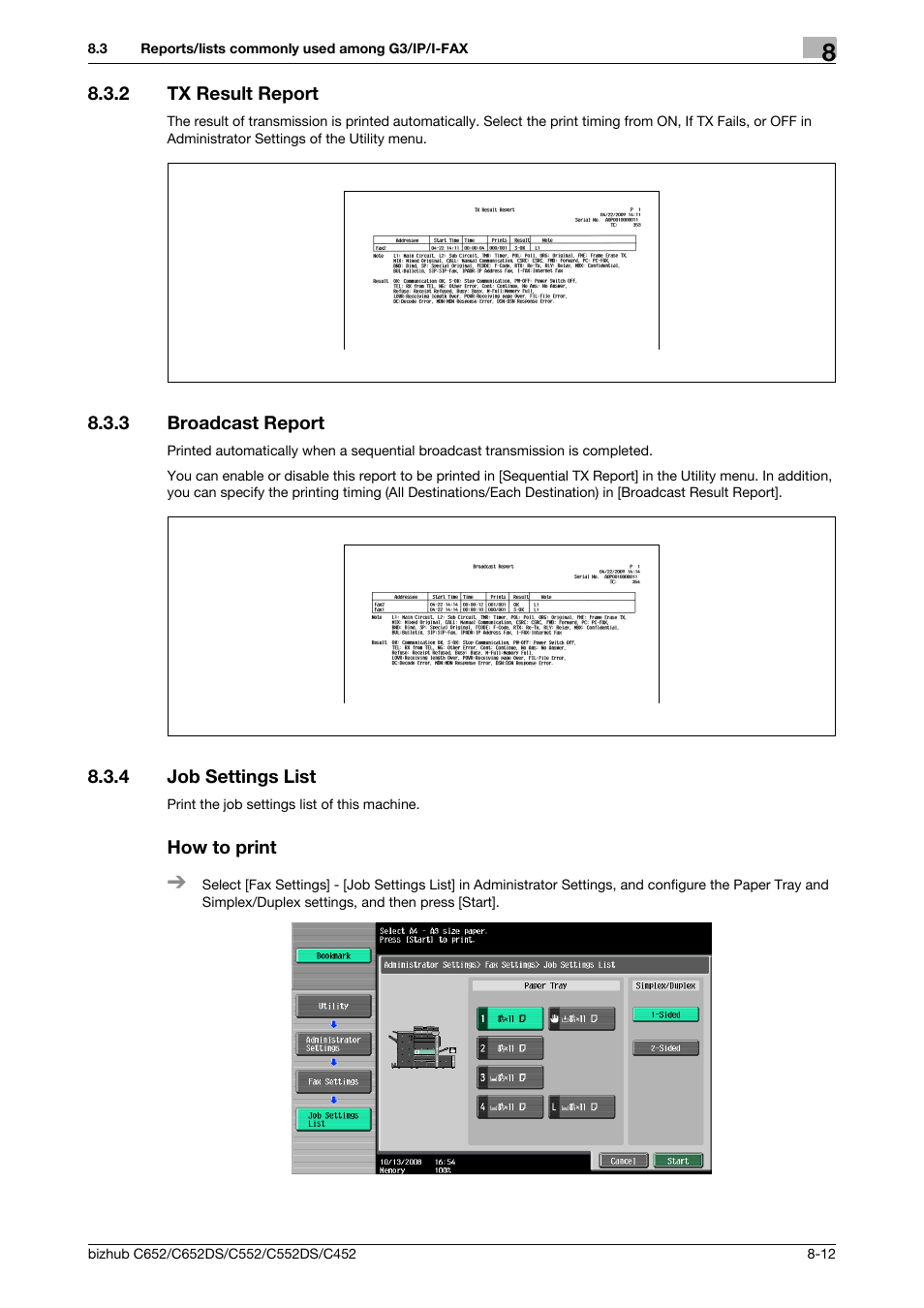 2 tx result report, 3 broadcast report, 4 job settings list | How to print, Tx result report -12, Broadcast report -12, Job settings list -12 how to print -12 | Konica Minolta BIZHUB C652DS User Manual | Page 151 / 294