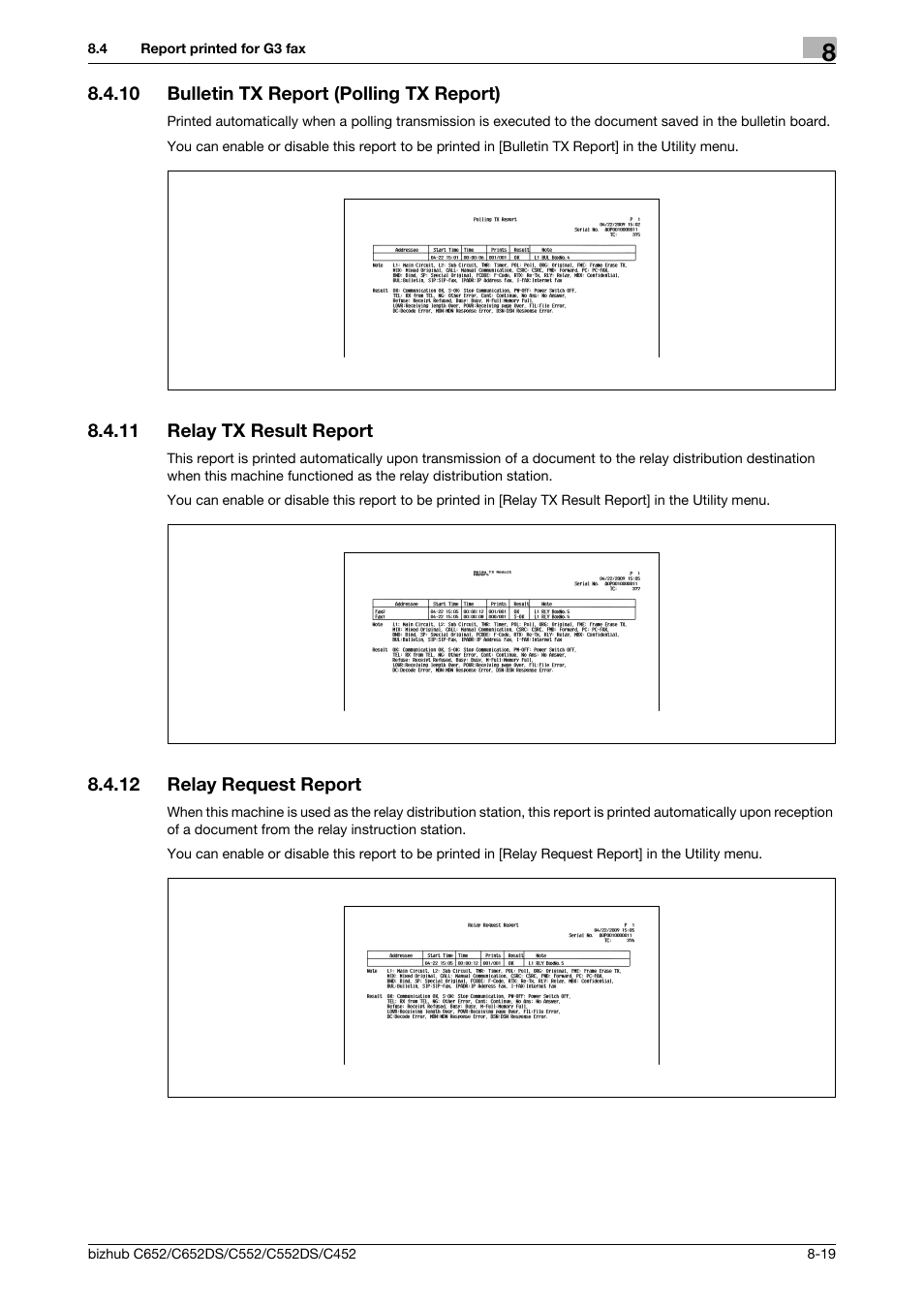 10 bulletin tx report (polling tx report), 11 relay tx result report, 12 relay request report | Bulletin tx report (polling tx report) -19, Relay tx result report -19, Relay request report -19 | Konica Minolta BIZHUB C652DS User Manual | Page 158 / 294
