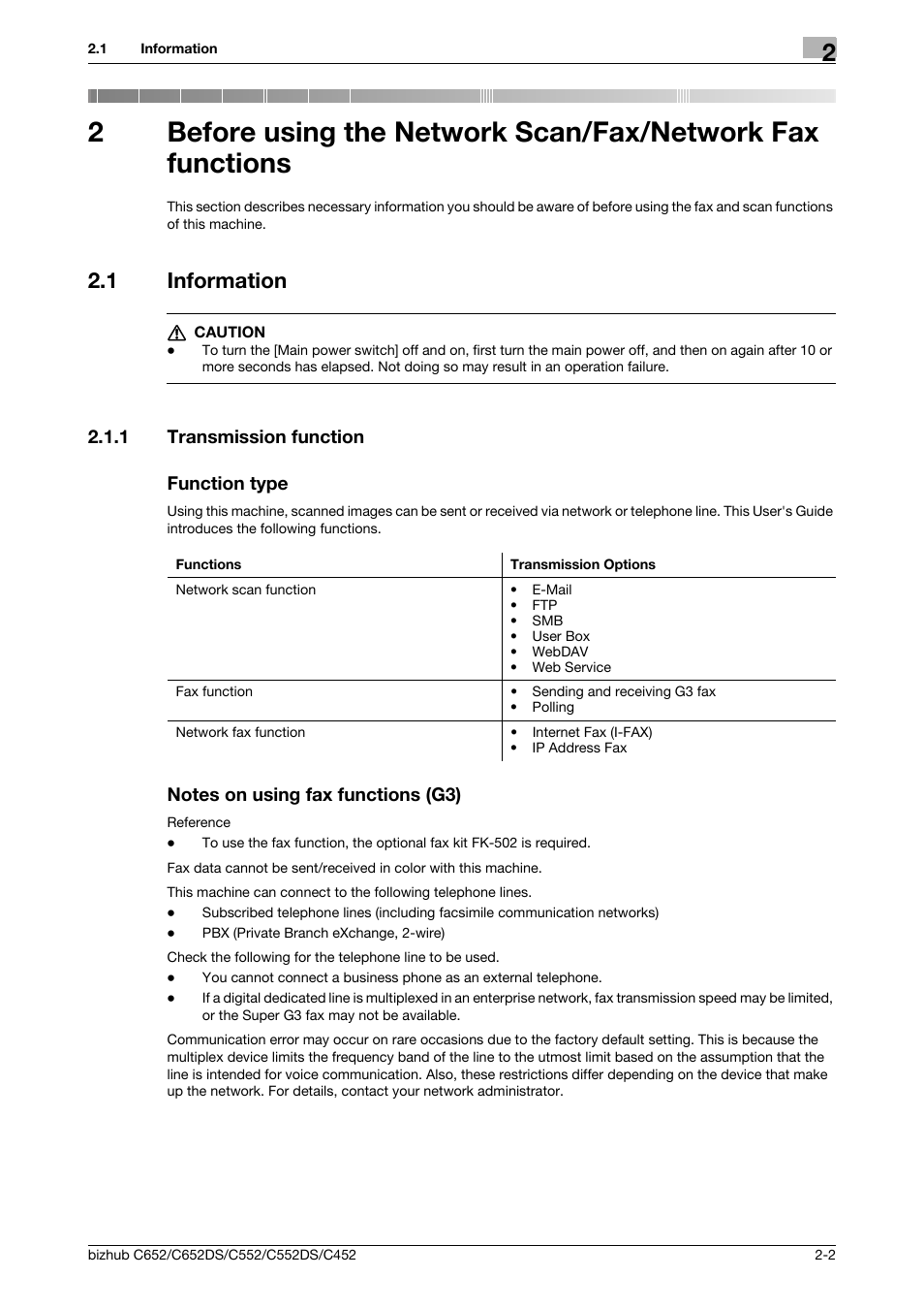 1 information, 1 transmission function, Function type | Notes on using fax functions (g3), Information -2, 1 transmission function function type | Konica Minolta BIZHUB C652DS User Manual | Page 18 / 294