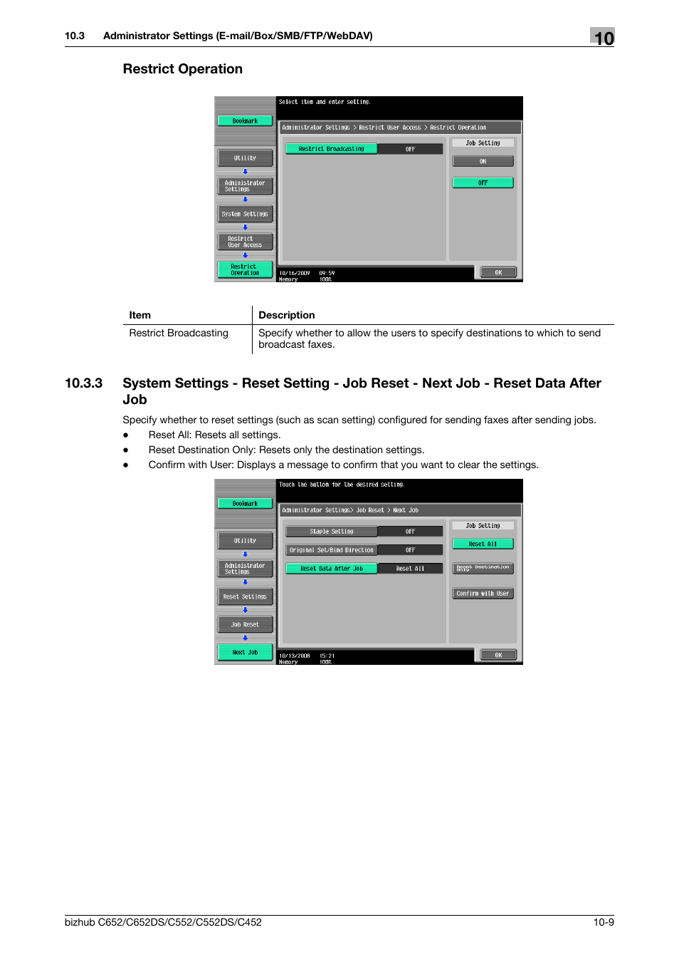 Restrict operation, Restrict operation -9, On (p. 10-9) | Job (p. 10-9) | Konica Minolta BIZHUB C652DS User Manual | Page 198 / 294