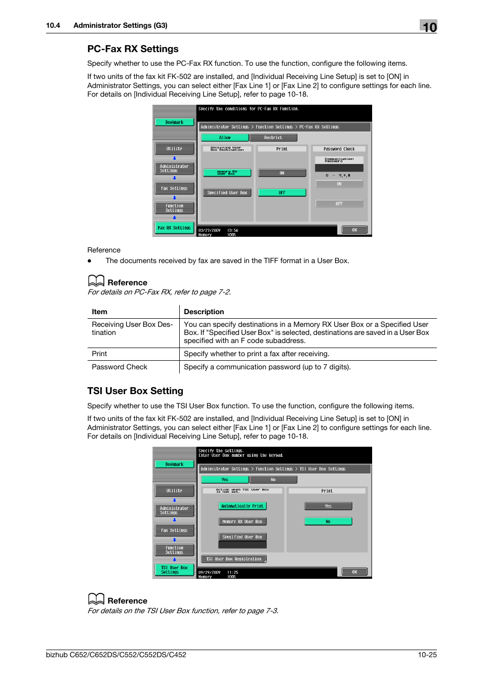 Pc-fax rx settings, Tsi user box setting, Pc-fax rx settings -25 tsi user box setting -25 | P. 10-25) | Konica Minolta BIZHUB C652DS User Manual | Page 214 / 294