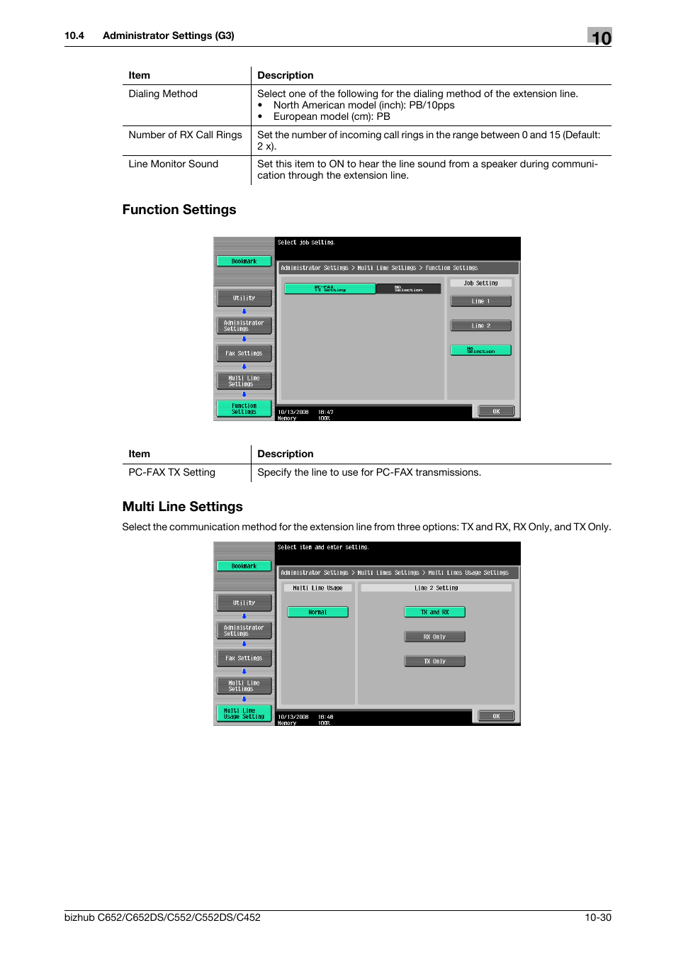Function settings, Multi line settings, Function settings -30 multi line settings -30 | P. 10-30), Ngs (p. 10-30, Function settings multi line settings | Konica Minolta BIZHUB C652DS User Manual | Page 219 / 294