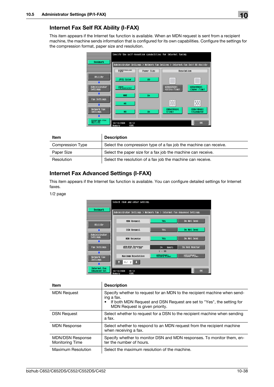 Internet fax self rx ability (i-fax), Internet fax advanced settings (i-fax), P. 10-38 | Konica Minolta BIZHUB C652DS User Manual | Page 227 / 294